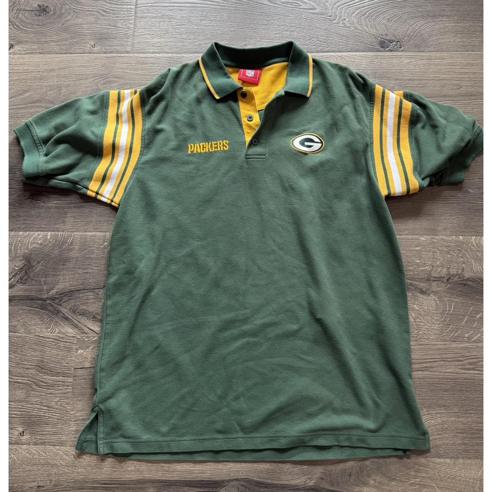 Green Bay Packers Polo Shirt Mens Medium Green Striped Sleeve Embroidered NFL